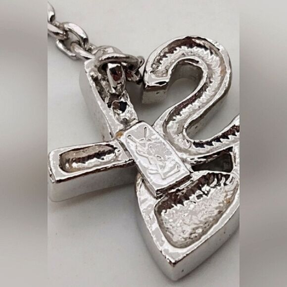 YSL Yves Saint Laurent Rhinestone Heart Silver Necklace Choker Jewelry Authentic - Picture 8 of 15